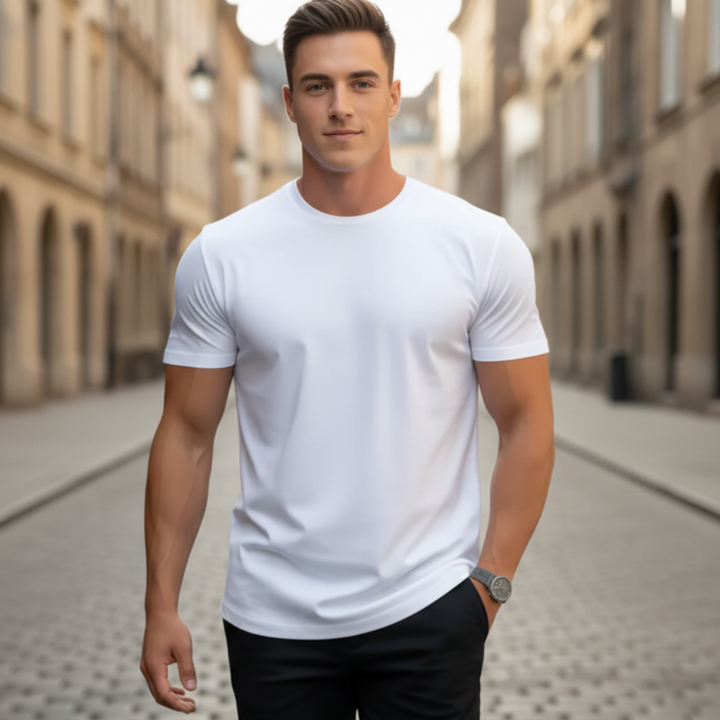 Simple yet stylish men's short sleeve crew neck t-shirt, a slim fit casual wear essential for comfort.