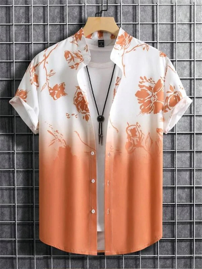 Fashionable men's short-sleeve collared shirt with a unique floral print, ideal for a relaxed summer look.