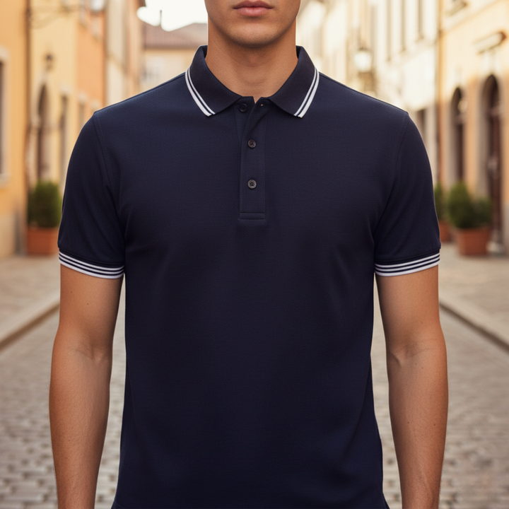 Men's stylish short sleeve polo shirt with tipped collar & tailored fit. Perfect for casual or business casual.