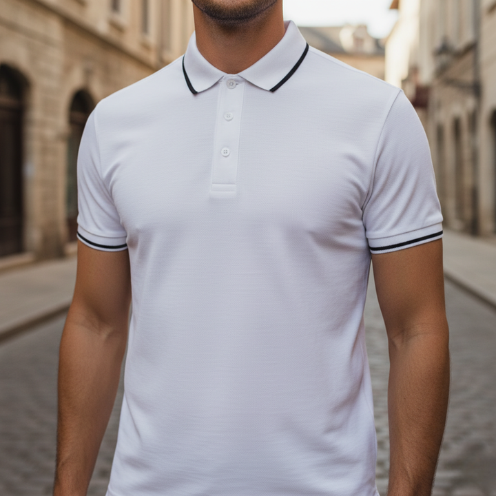 High-quality men's short sleeve polo, breathable & moisture-wicking with a stylish tipped collar.