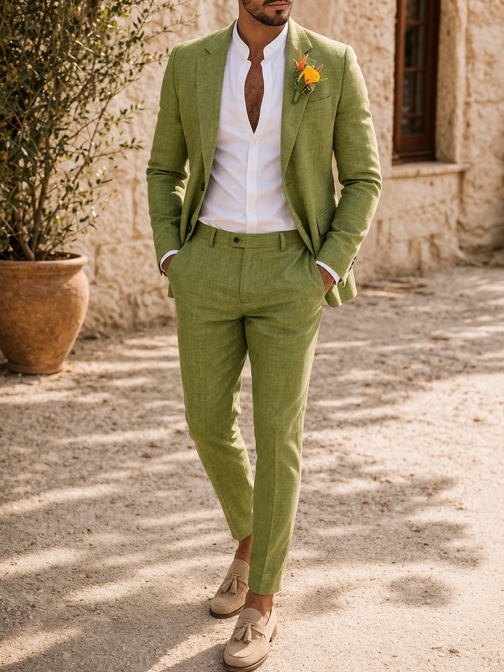 Men's tailored two-piece wedding suit, slim fit blazer & trousers, perfect for groom attire or formal events.