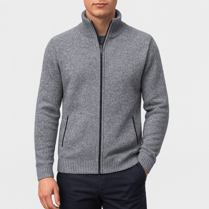 Versatile men's zip collar cardigan. Comfortable layering piece for casual & smart-casual outfits.