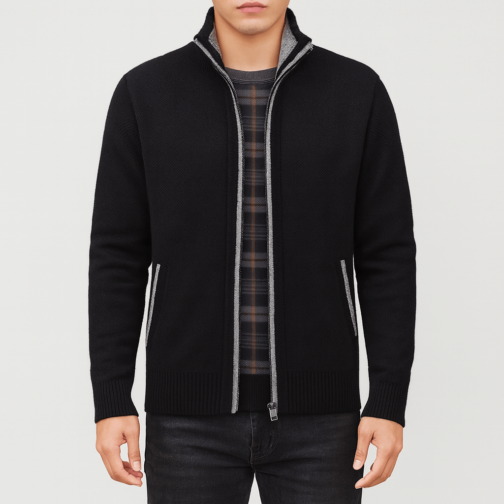 Men's zip-collar cardigan in a classic design. Offers refined comfort, perfect for versatile layering.