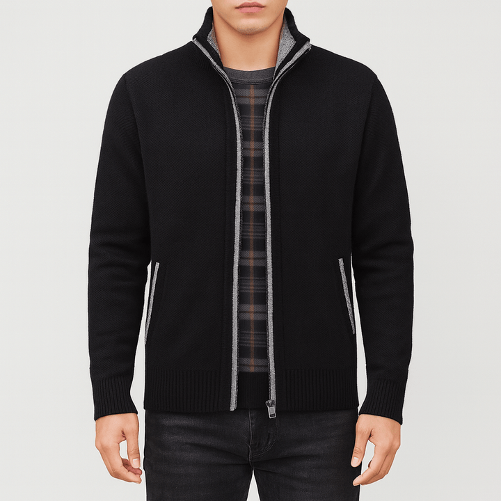 Men's zip-collar cardigan in a classic design. Offers refined comfort, perfect for versatile layering.