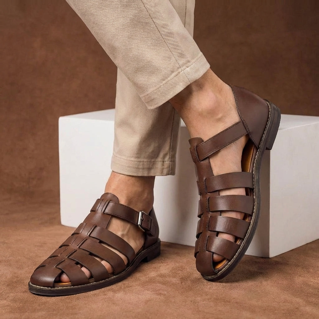 Durable men's closed-toe fisherman sandals, featuring an adjustable buckle strap for a secure & comfortable walking experience.