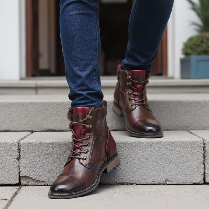 Men's lace-up cap toe ankle boots. Sophisticated leather dress boots for men's fashion.