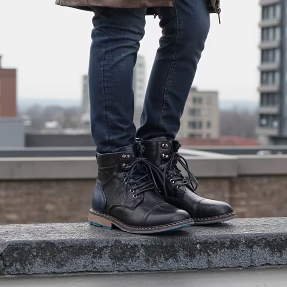 Stylish men's leather cap toe ankle boots with lace-up front, perfect for fall & winter outfits.