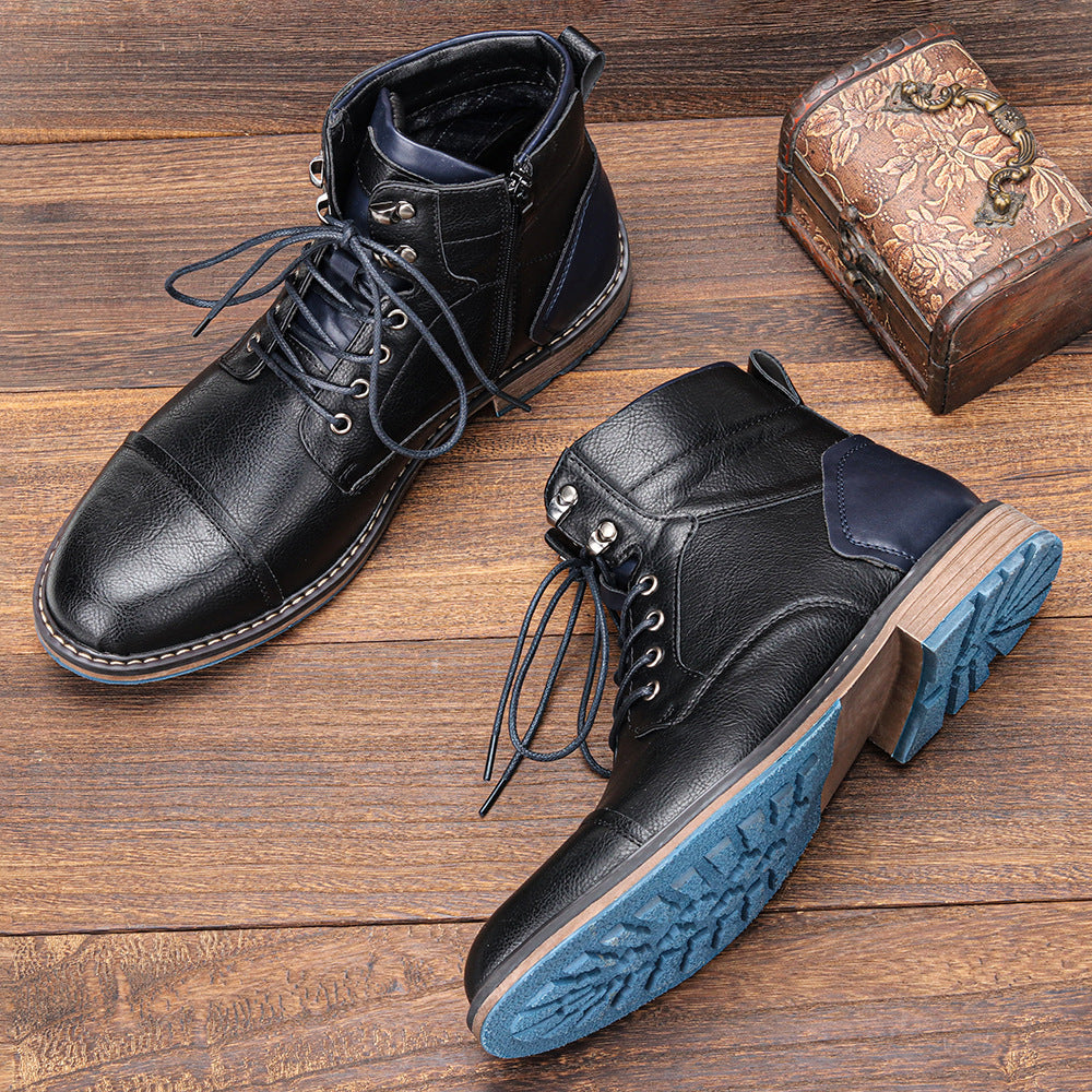 Elegant men's leather cap toe ankle boots, lace-up design. Great for fall, winter shoes & dress occasions.