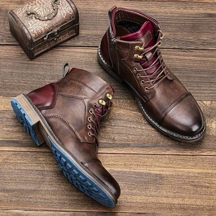 Durable men's lace-up cap toe ankle boots. Sturdy winter shoes, perfect for fall fashion & daily wear.