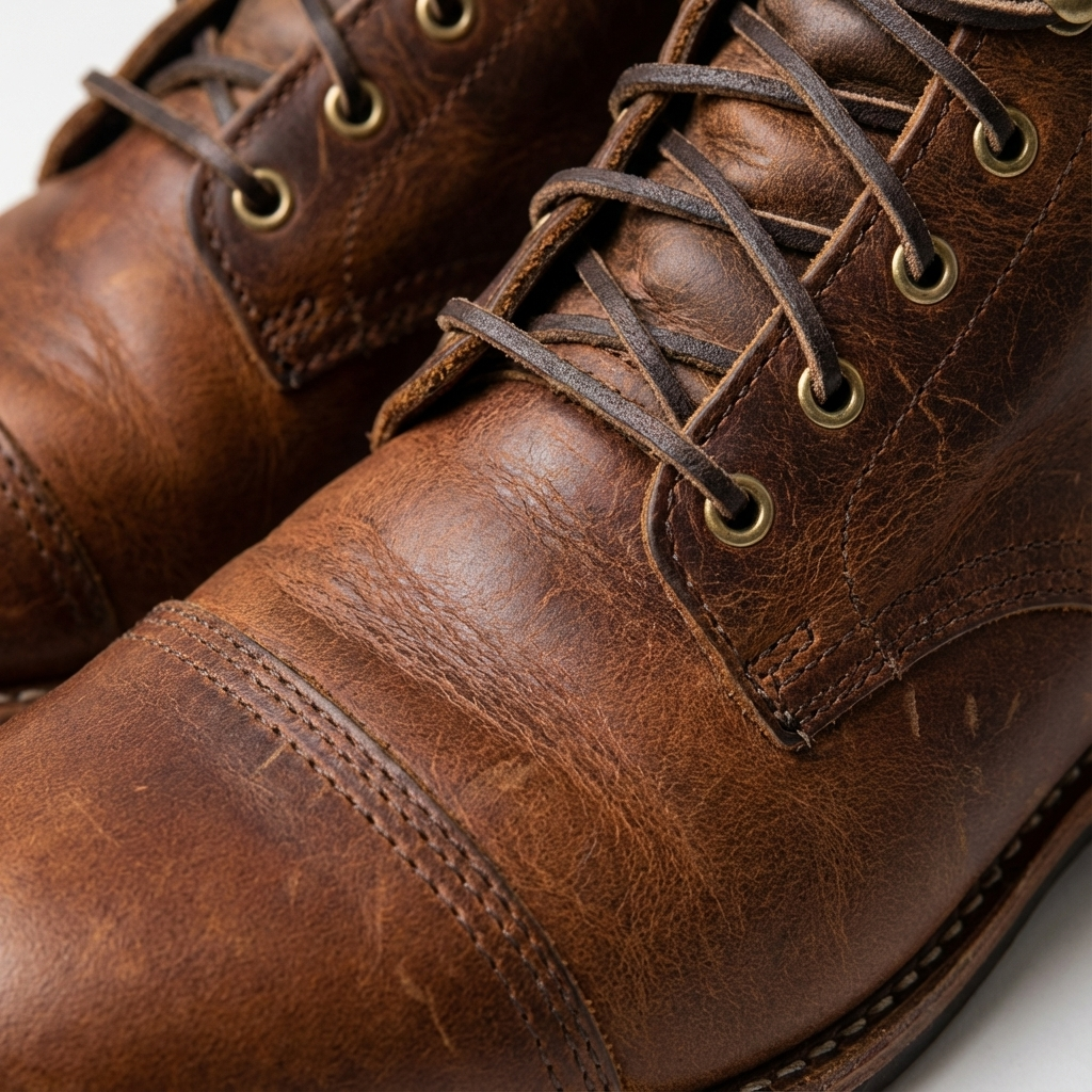 Rugged men's distressed cap toe lace-up ankle boots. Comfortable & durable, essential men's casual footwear.