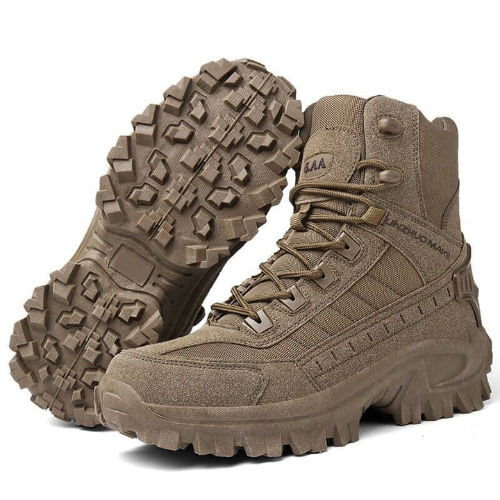 All-terrain men's tactical work boots, rugged construction for hiking, superior grip outsole.