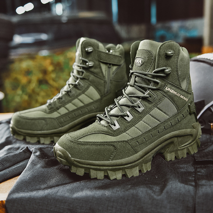 Premium men's outdoor boots, rugged tactical workwear, lace-up for hiking, superior grip.