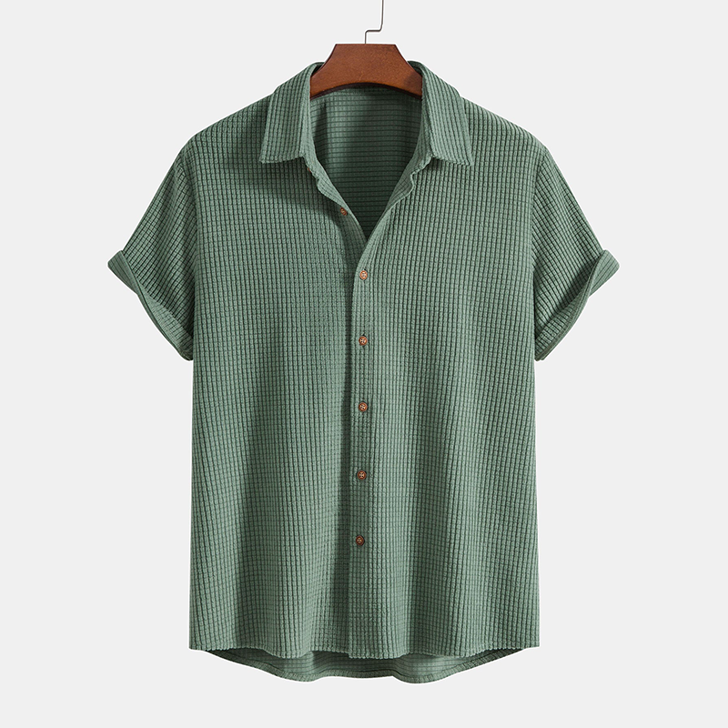 Textured men's casual short sleeve shirt and matching drawstring shorts set.
