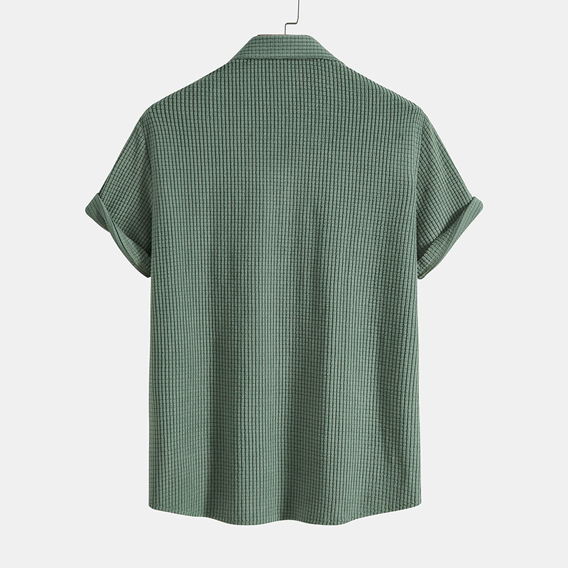 Men's summer fashion: a comfortable short sleeve shirt with practical drawstring shorts.