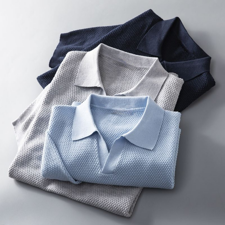 Stylish men's textured polo for a smart casual summer outfit, comfortable and chic men's fashion.