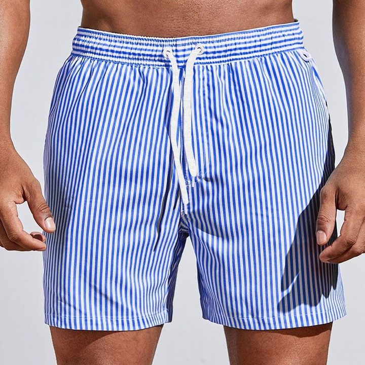 Men's striped drawstring swimming trunks, perfect beach shorts for summer fashion & pool attire.