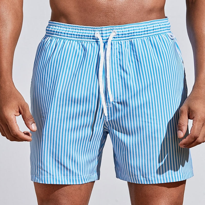 Stylish men's striped swim shorts with adjustable drawstring. Comfortable activewear for beach & pool.