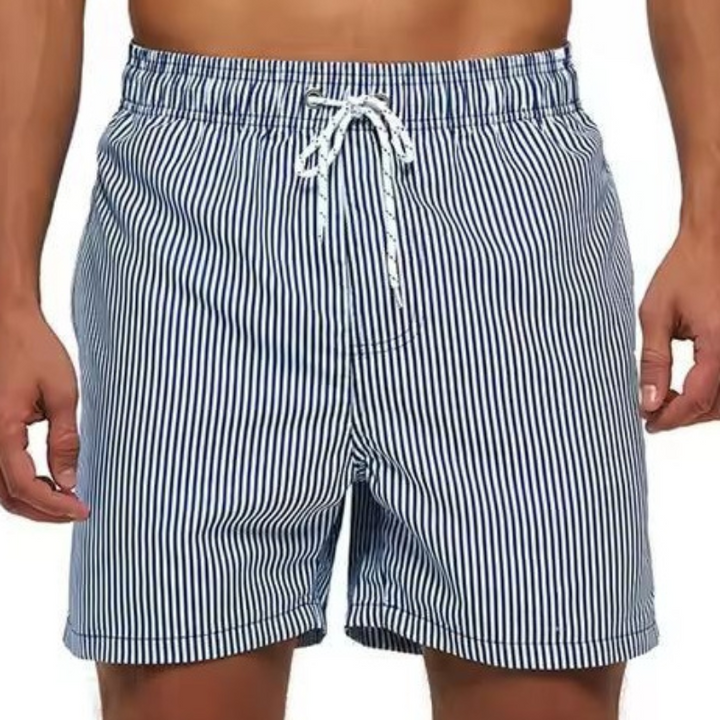 Durable Men's Striped Drawstring Swimming Trunks, versatile for beachwear and casual summer style.