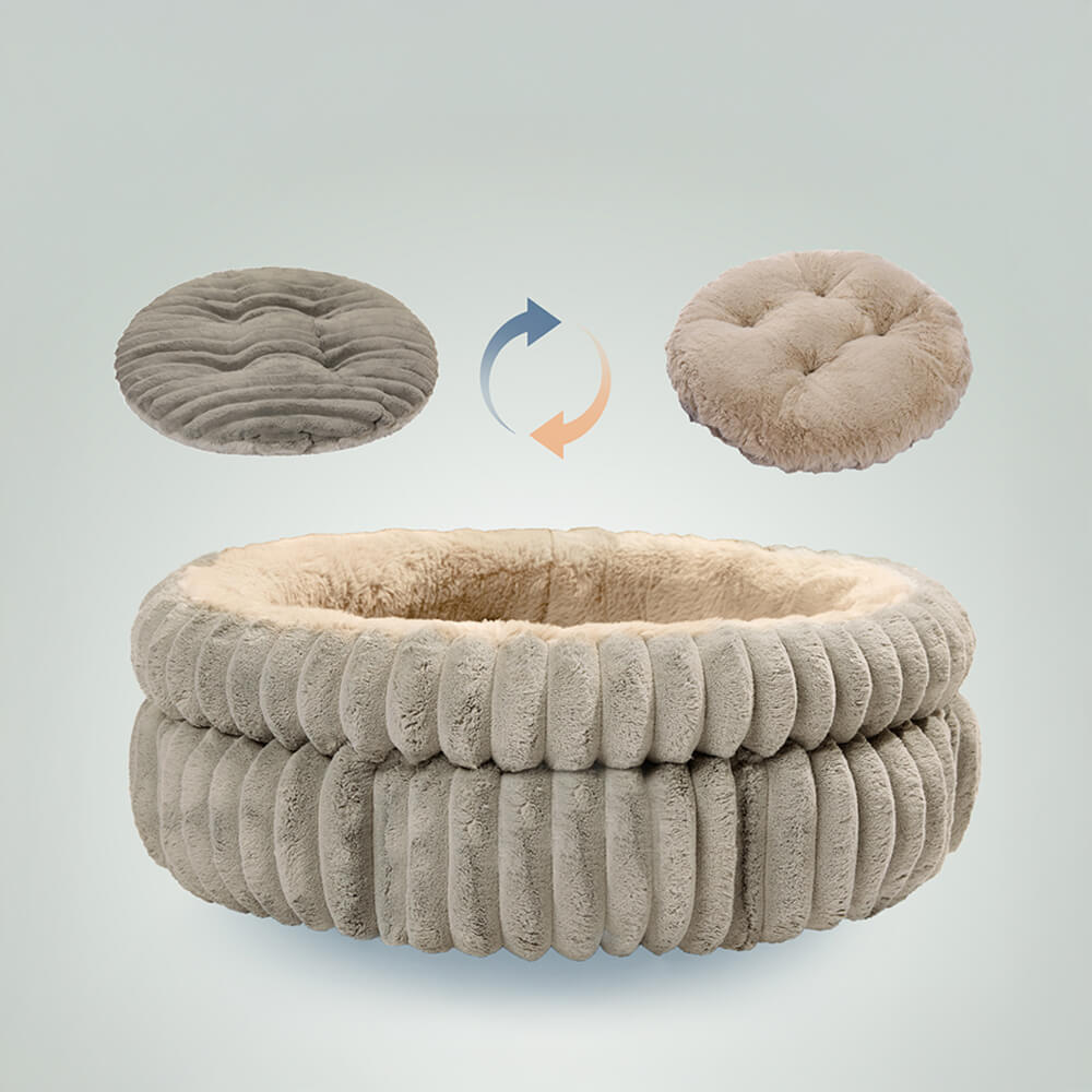 Elegant minimalist pet bed in gray velvet, designed for small to medium dogs and cats