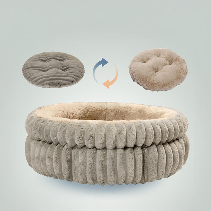 Elegant minimalist pet bed in gray velvet, designed for small to medium dogs and cats