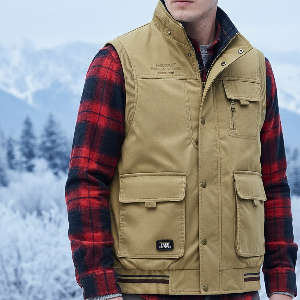Comfortable men's utility vest, breathable cotton & multiple pockets. Versatile for work, layering, and outdoor activities.