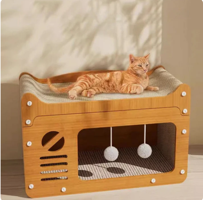 Modern cat house with scratching surface, cozy bed, and play area for feline comfort