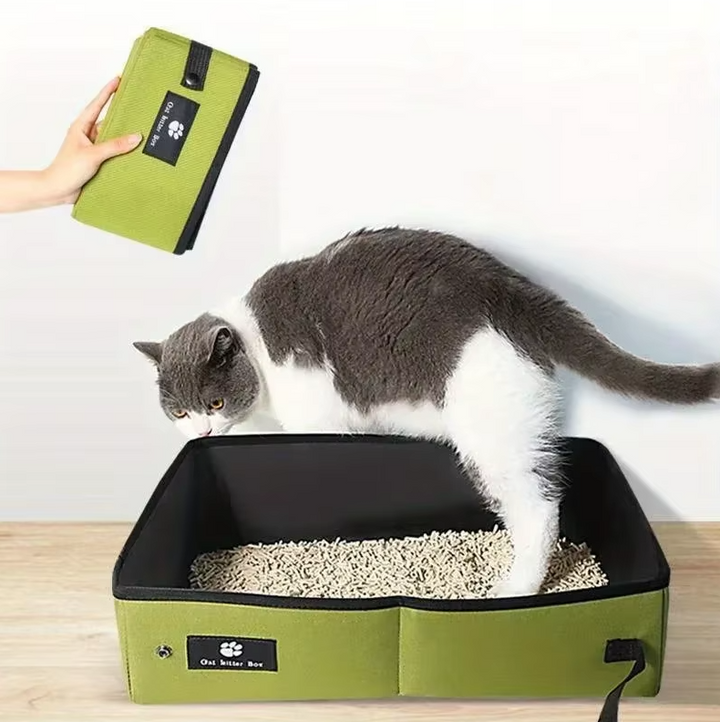 Modern cat litter box in a light neutral tone, with a sleek, minimalist design, easy clean for pet hygiene.