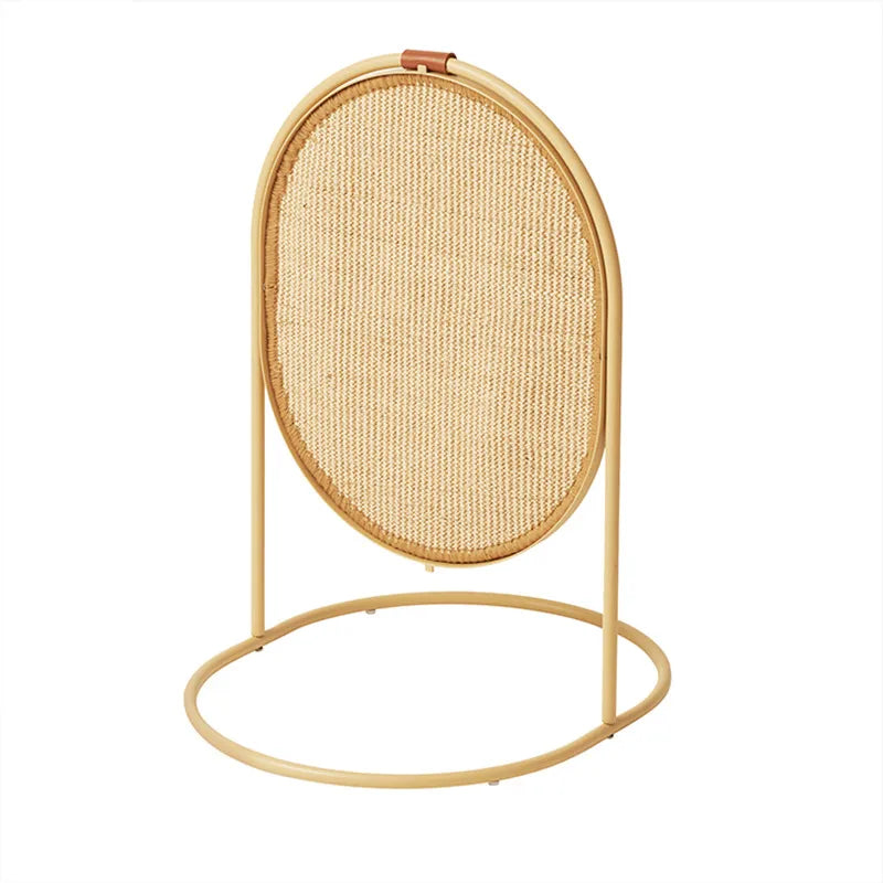 Designer cat accessory: a scratching post with sisal texture and a dangling toy, blending with modern home decor