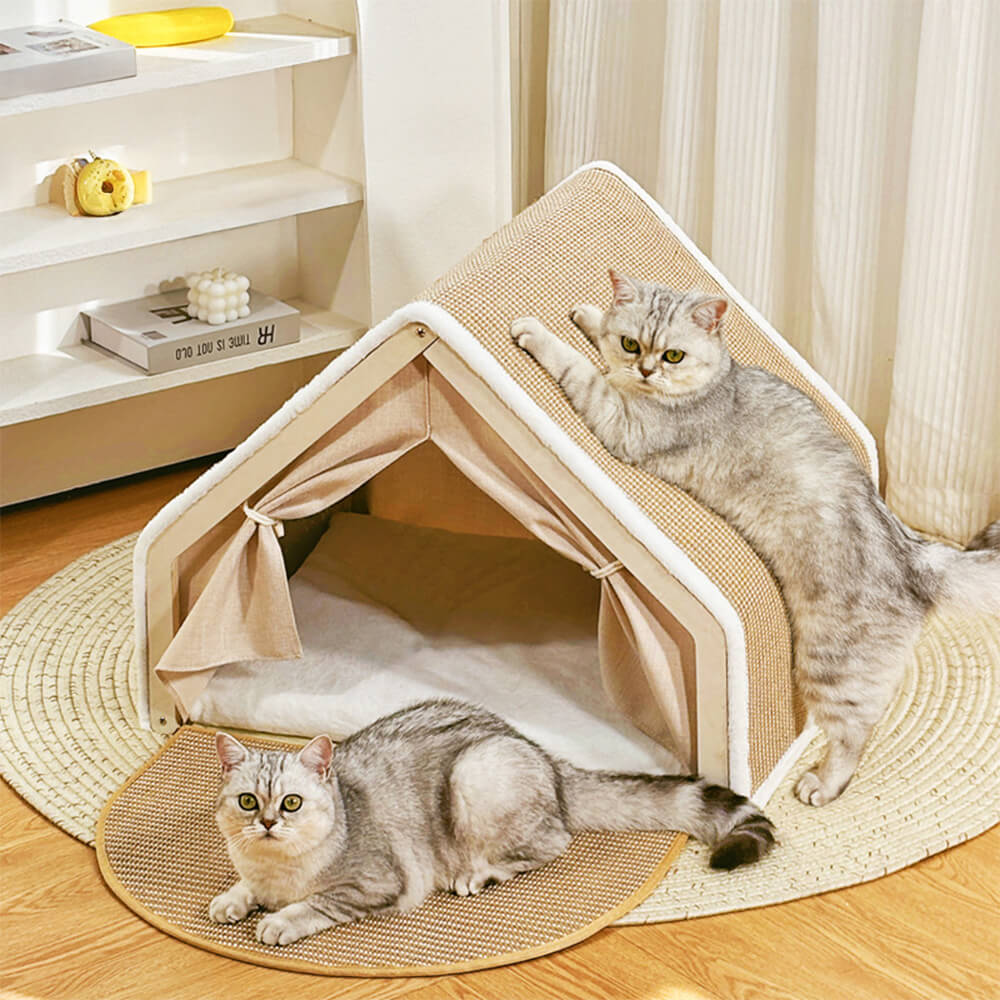 Modern cat tent with sisal scratch roof and cozy sleeping area for pets