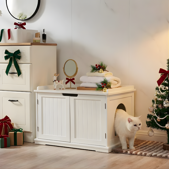 Modern furniture style cat litter box enclosure, white finish with dark hardware, for pet privacy