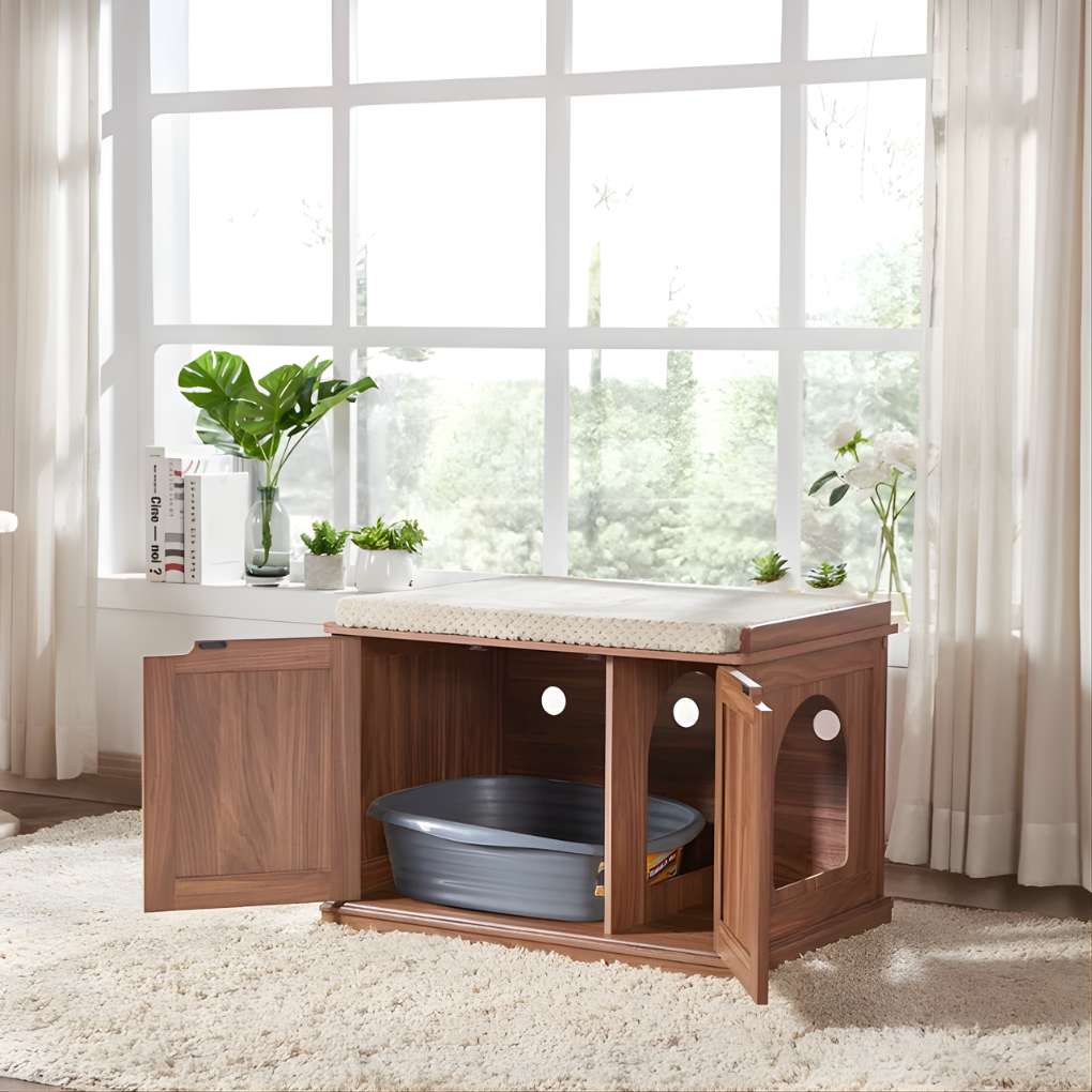 Elegant wooden cat litter box enclosure with an interior panel, providing a private pet house