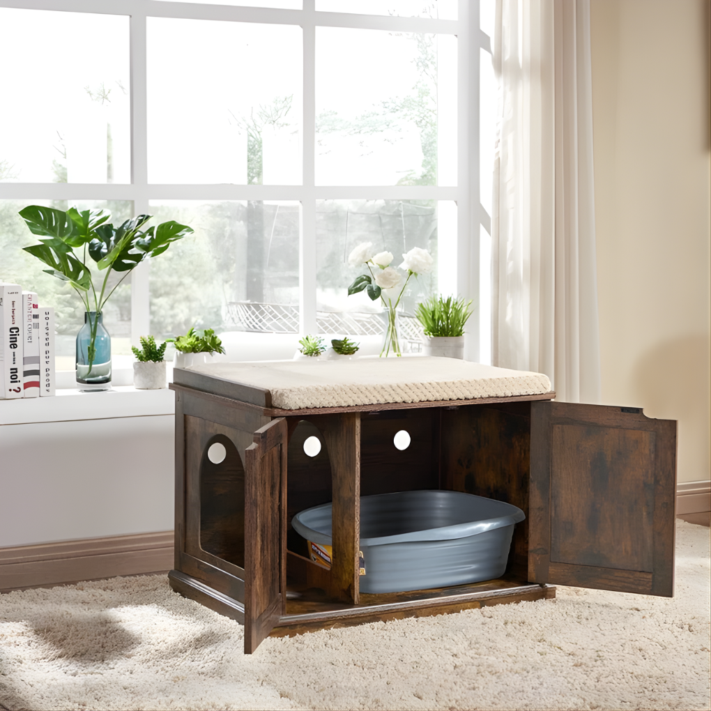 Functional cat litter box furniture, doubles as a stylish end table, ideal for modern pet homes