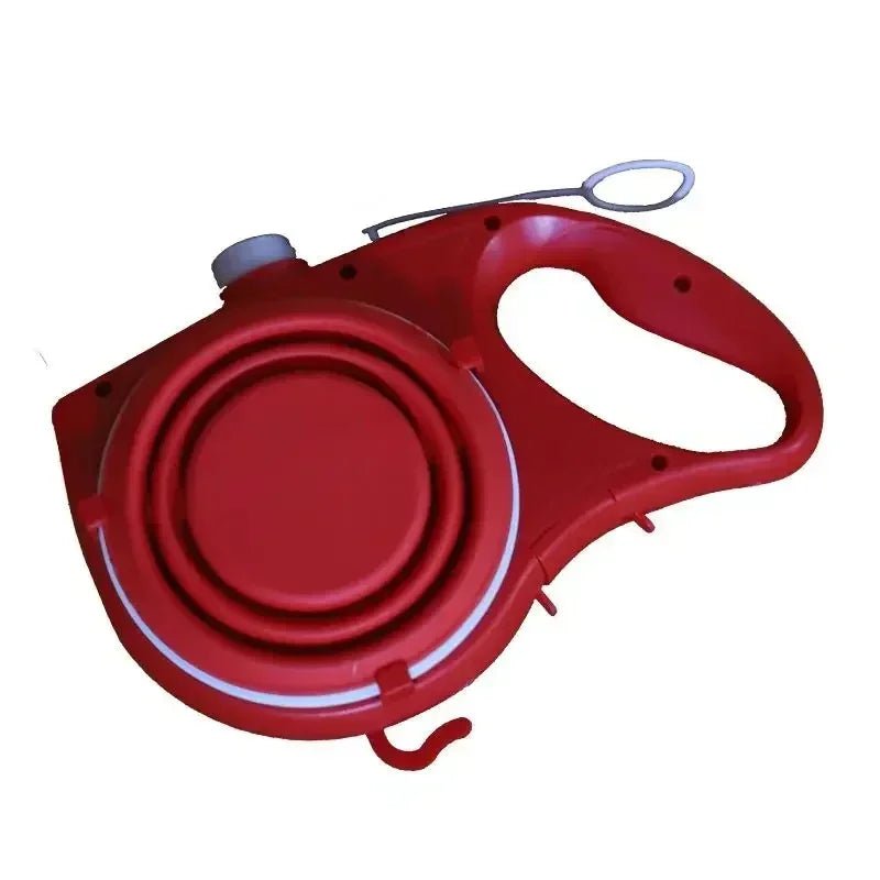Innovative 4-in-1 dog leash for travel, featuring a water bottle, bowl, and waste bag compartment