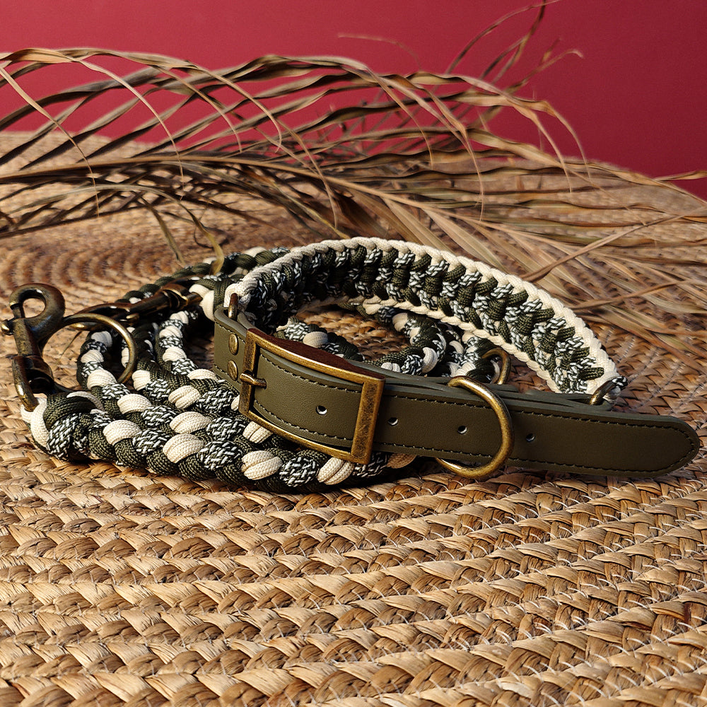 Multifunctional anti-pull dog collar and leash set, hand-woven leather and hemp rope, for dog walking
