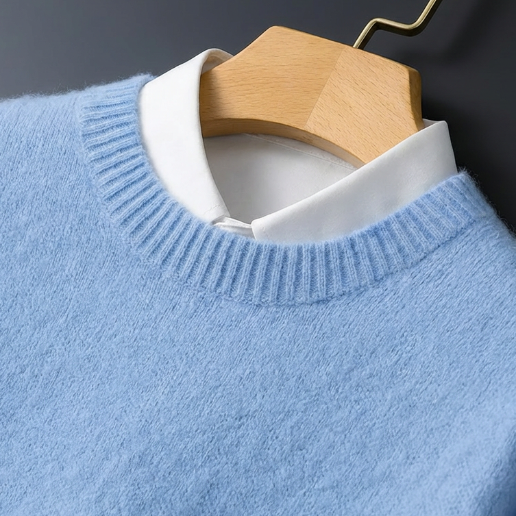 Close-up of a men's Valencia soft knit sweater, highlighting the comfortable texture and premium quality knitwear.