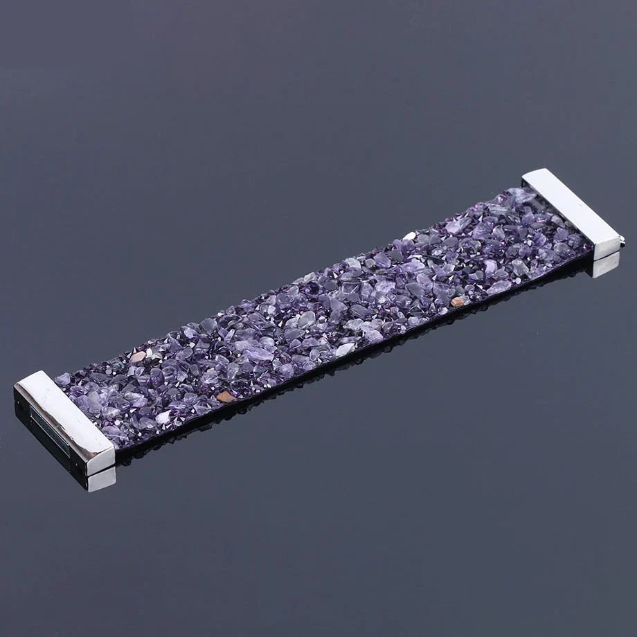 Gemstone & leather bracelet, natural stone crystal, unisex adjustable design.