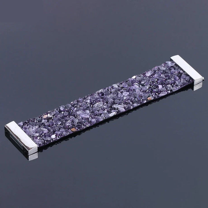Gemstone & leather bracelet, natural stone crystal, unisex adjustable design.