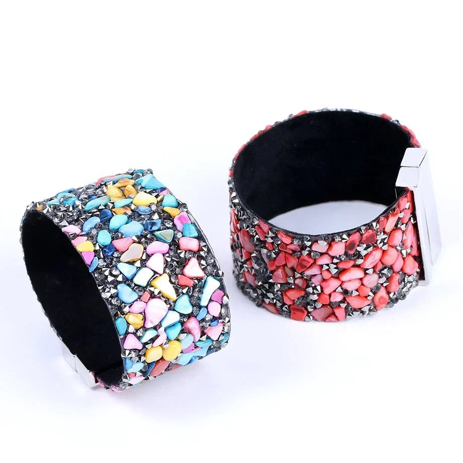 Detailed view of a unisex natural stone crystal leather bracelet, showcasing texture.