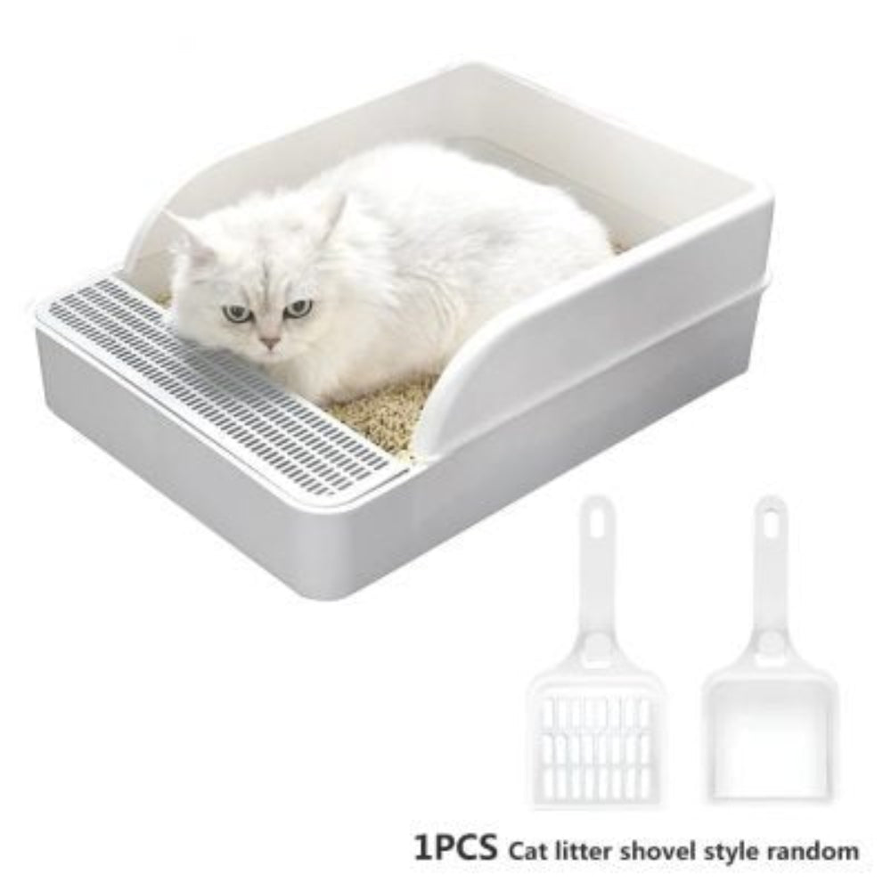 High wall cat litter box in a modern design, providing ample space and containing litter for pet hygiene.