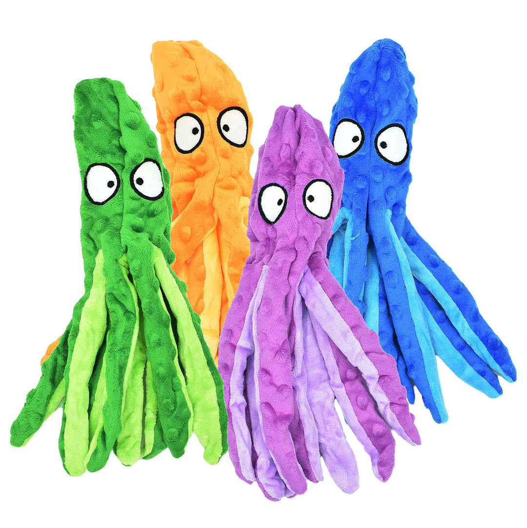 Unisex no stuffing octopus dog toy, blue, with squeakers for interactive canine fun.