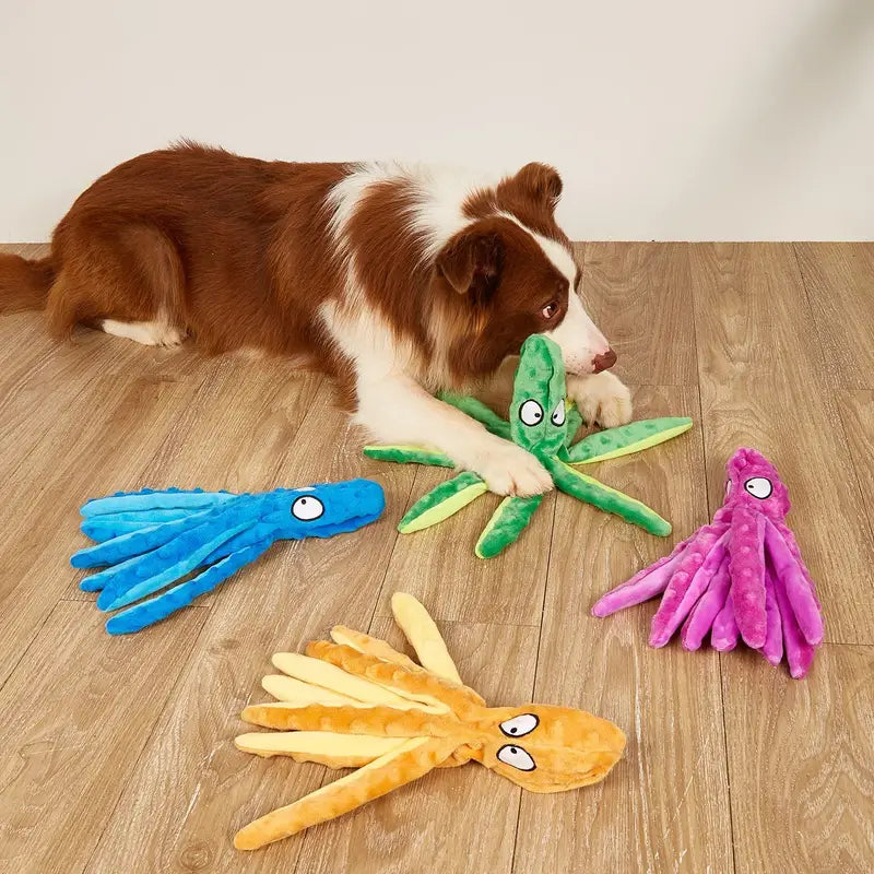 Washable no stuffing octopus dog toy, orange, with crinkle sound for dogs.