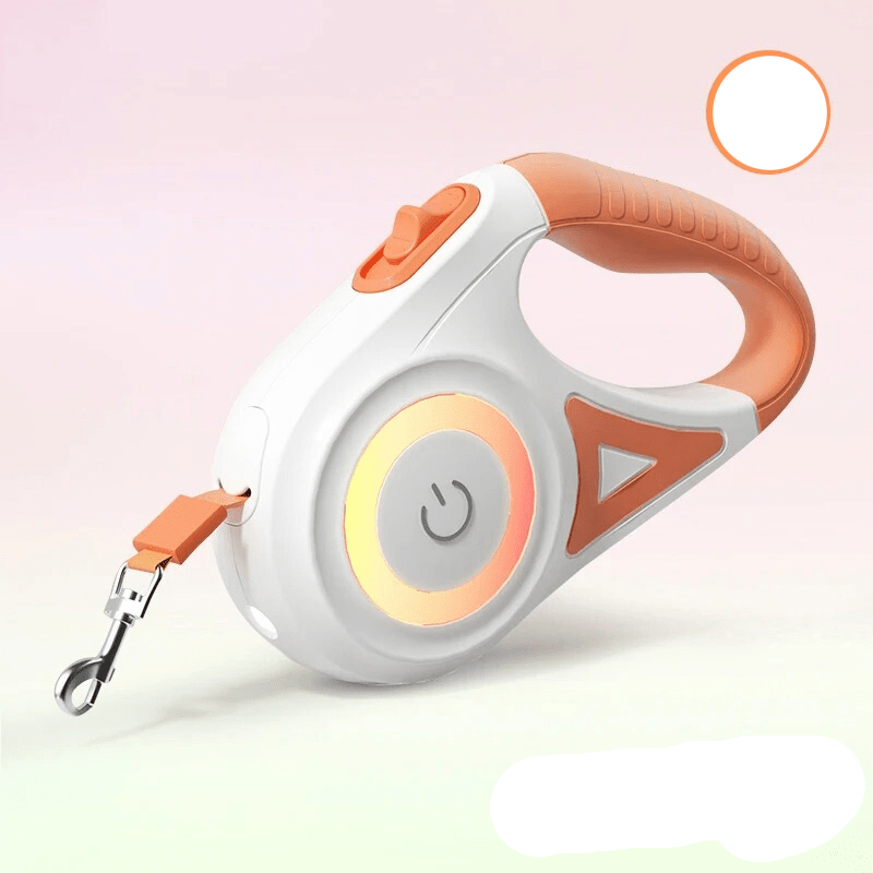 Orange LED dog leash, 5m, for night safety walks. High visibility pet gear.