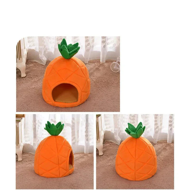 Pet cave in pineapple design, a warm and enclosed animal house for small pets, orange color.