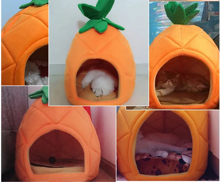 Cozy pineapple pet bed for cats and small dogs, an orange animal house pet accessory.