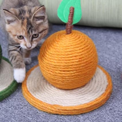 Orange sisal cat scratching ball for claw care, a sturdy pet toy.