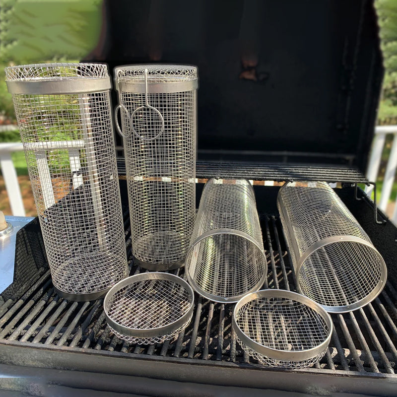 Durable stainless steel rolling BBQ grill basket for grilling veggies, shrimp, and small meats. Easy to clean.