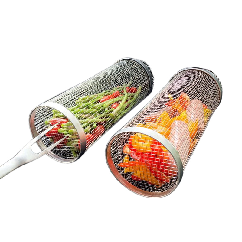 Heavy-duty stainless steel rolling BBQ basket, designed for easy outdoor grilling & perfect, even heat distribution.