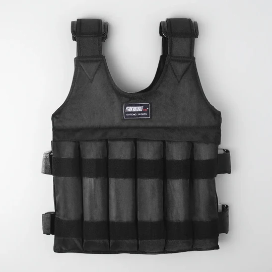 Adjustable 110 lb weighted exercise vest for bodyweight training, cardio, & cross-training. Durable workout equipment.