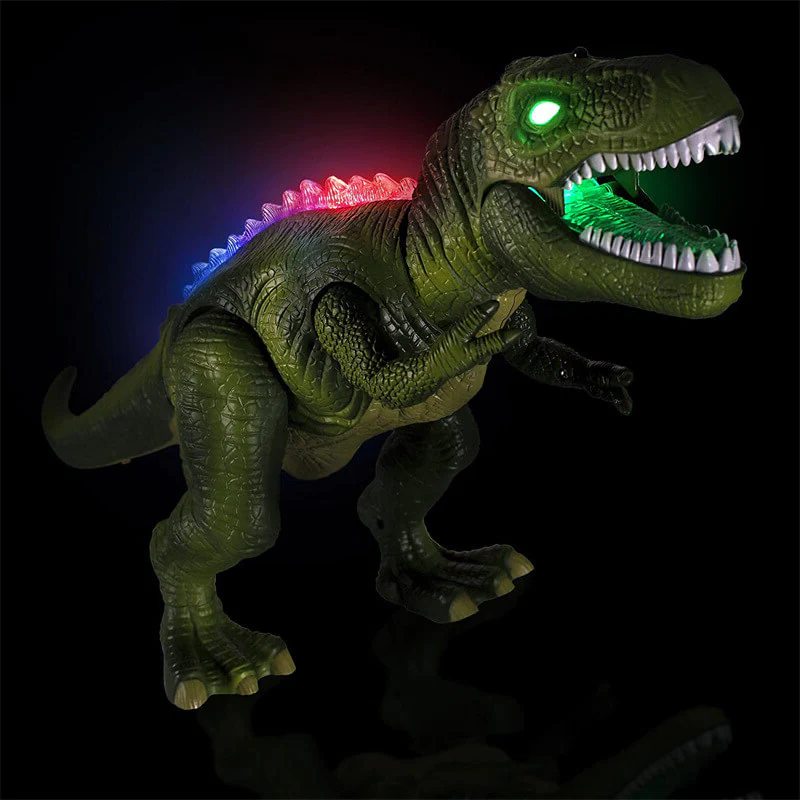 Remote control T-Rex dinosaur toy featuring realistic walking action, LED lights, and roaring sound effects.