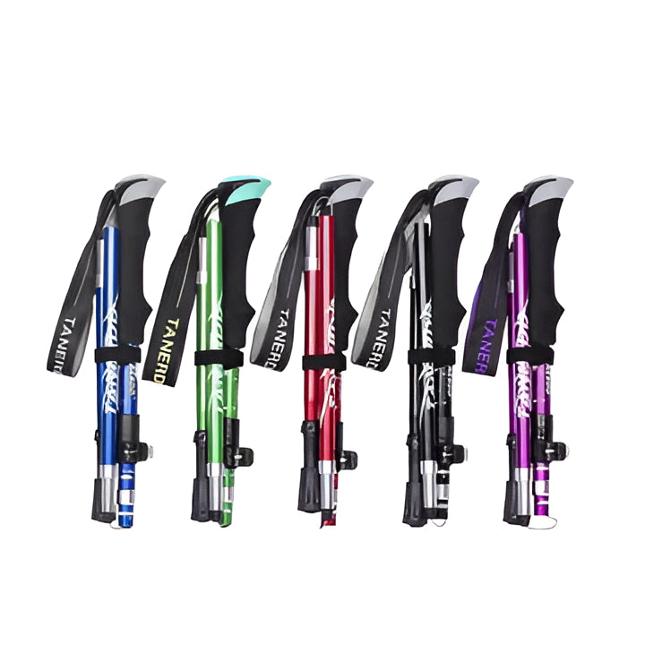 Unisex adjustable trekking poles, foldable for hiking & walking. Lightweight aluminum gear for trail adventures.